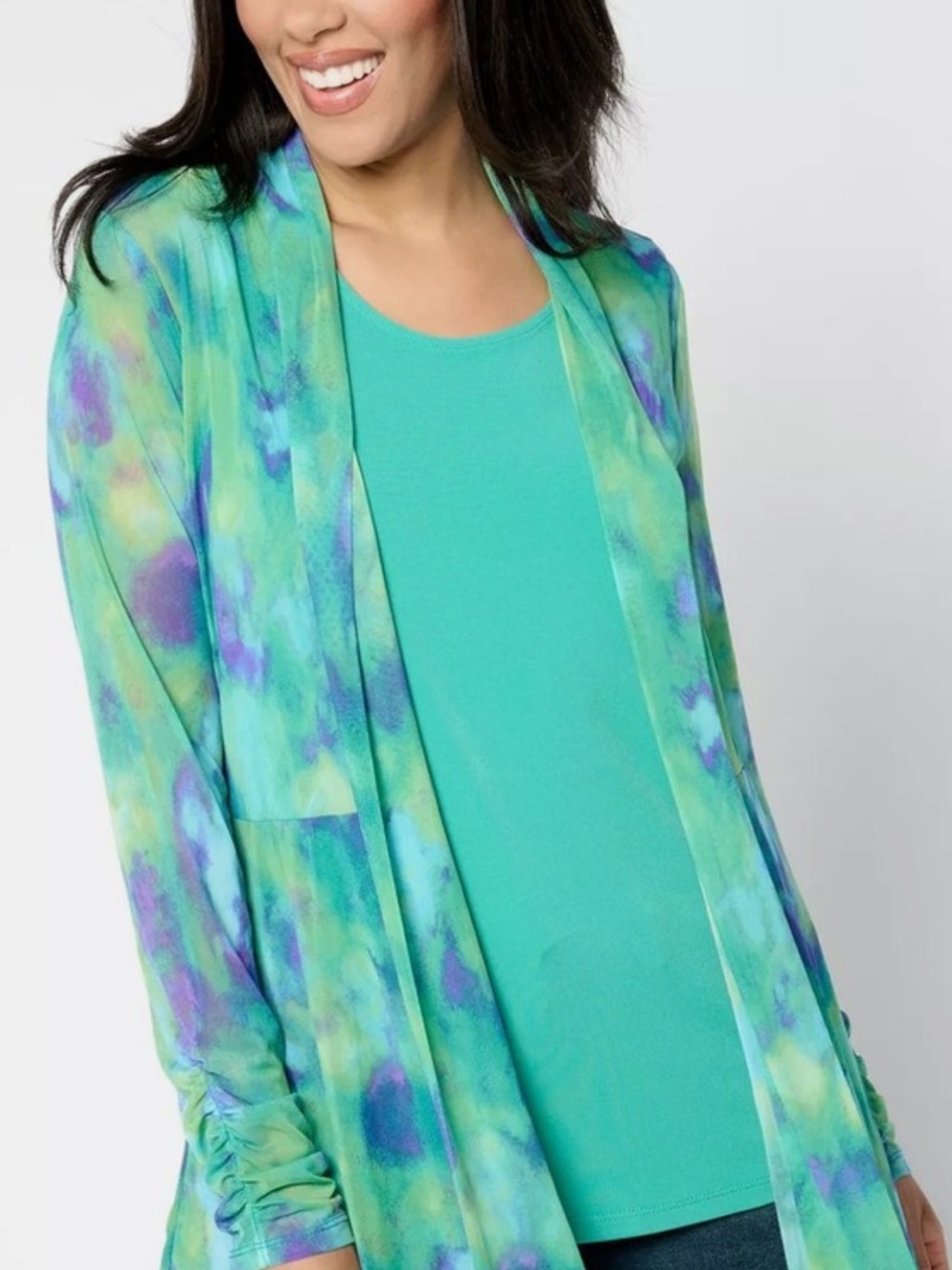 Susan Graver Teal and Green Watercolor Open-Front Cardigan